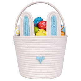 Easter Egg Handwoven Cotton Basket with Cartoon Rabbit Design – Multi-Color Storage Bag