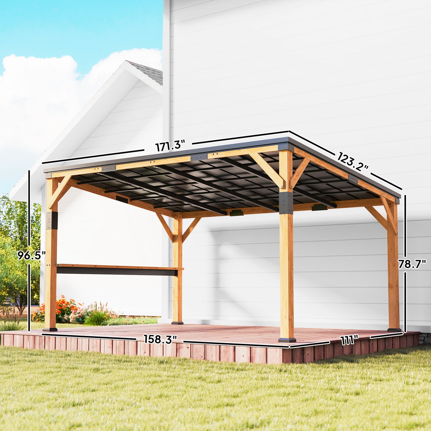 14'x10' Wooden Gazebo with Steel Roof & Bar Shelf - Natural Wood