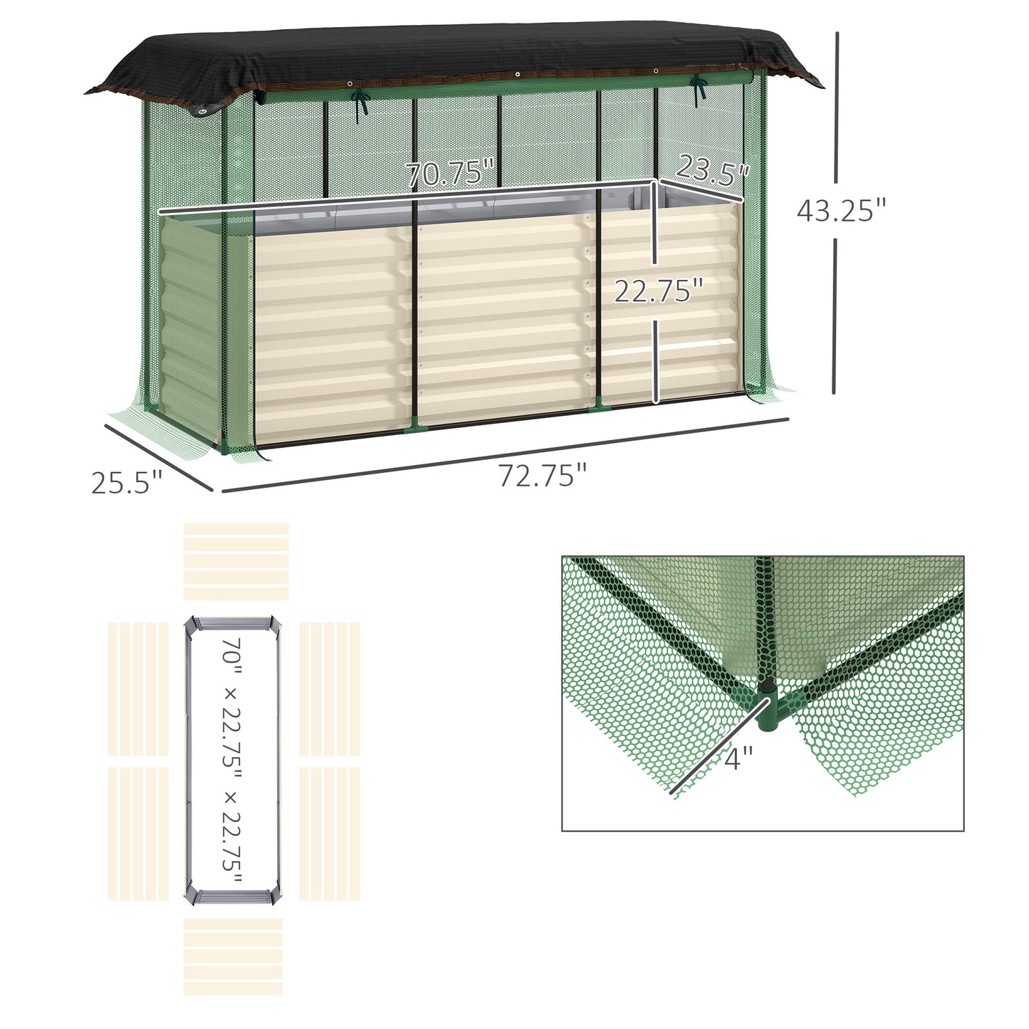 Galvanized Steel Raised Garden Bed with Crop Cage & Shade Cloth - Beige