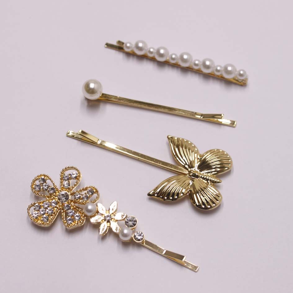 Vintage Butterfly Pearl Hair Barrettes - Set of 4