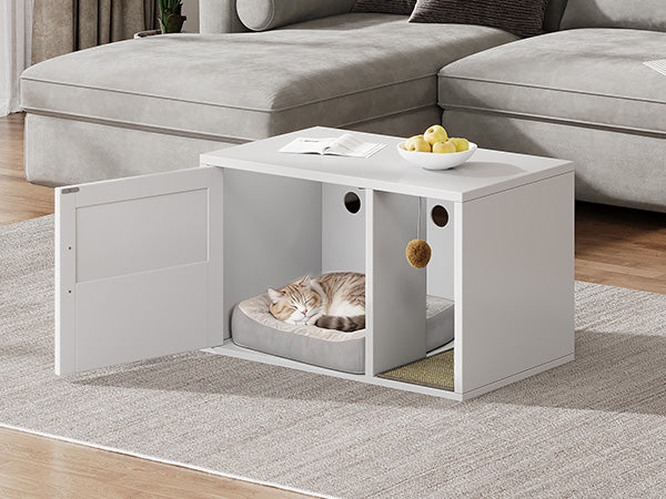 Multifunctional Cat Litter Box Cabinet with Odor Control & Side Table - White