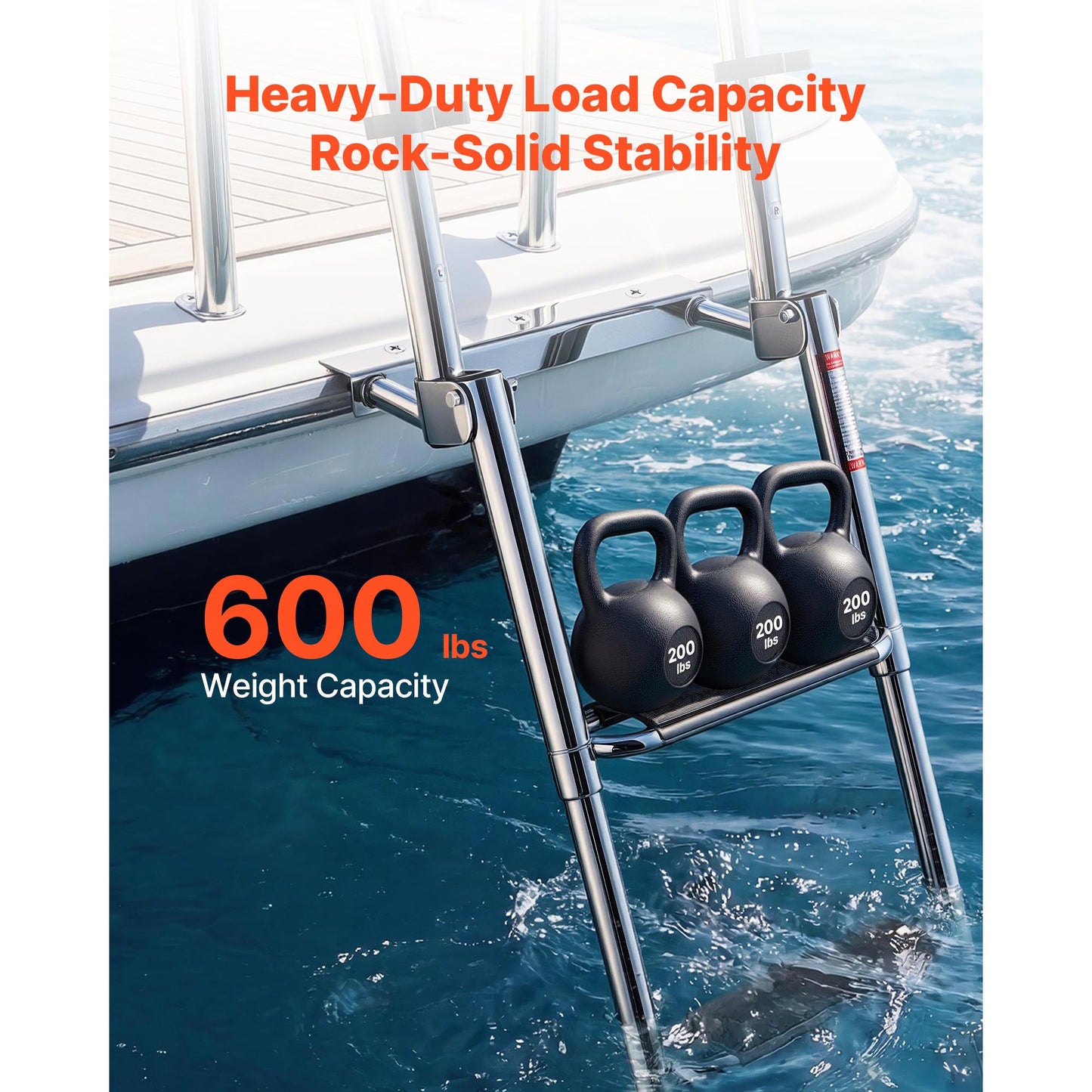 Stainless Steel Boat Ladder 4 Steps Telescoping Foldable Swim Deck Ladder with Handrails, Wide Anti-Slip Steps, 600lbs Capacity