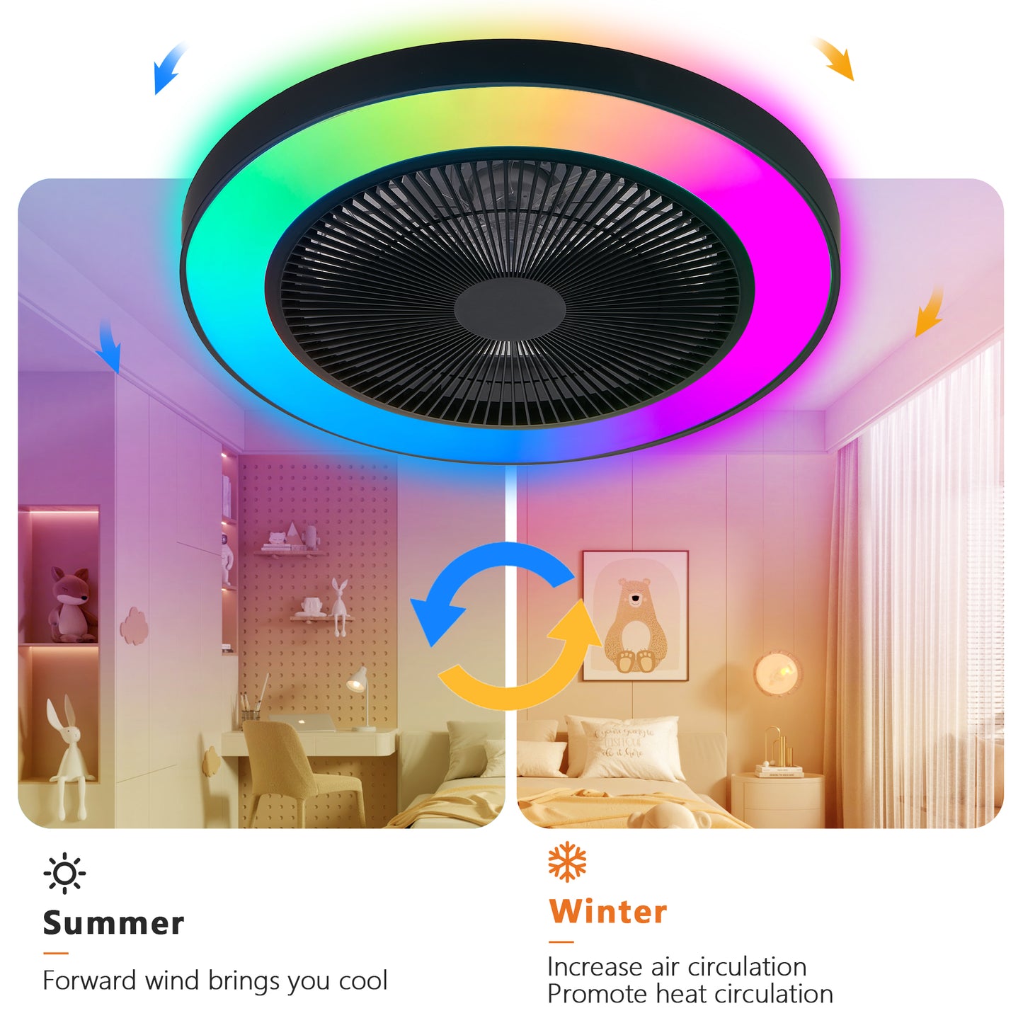 19-Inch Black Ceiling Fan Light with RGB LED & Remote Control
