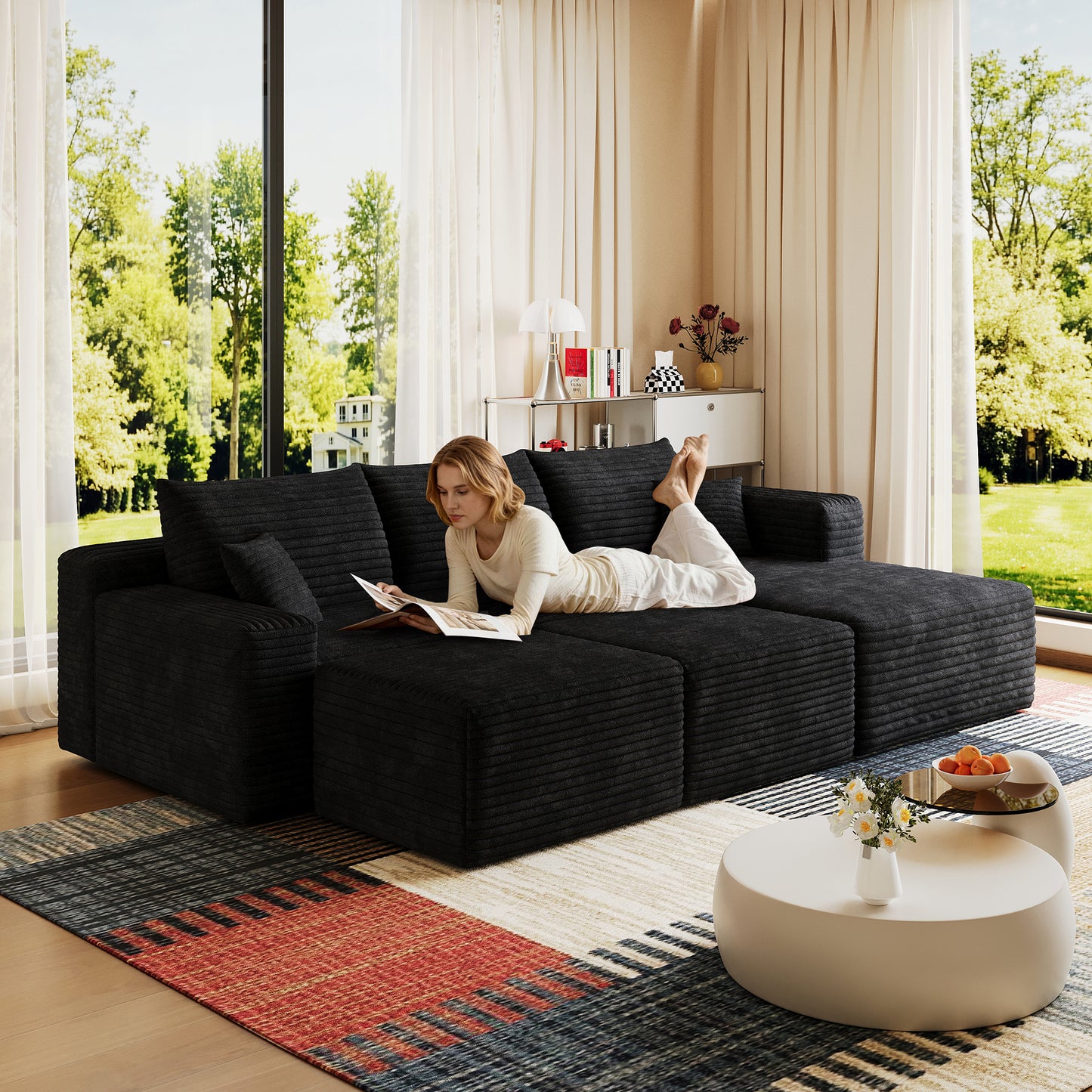 95" Cloud Sectional Sofa with 2 Ottomans - Black Corduroy