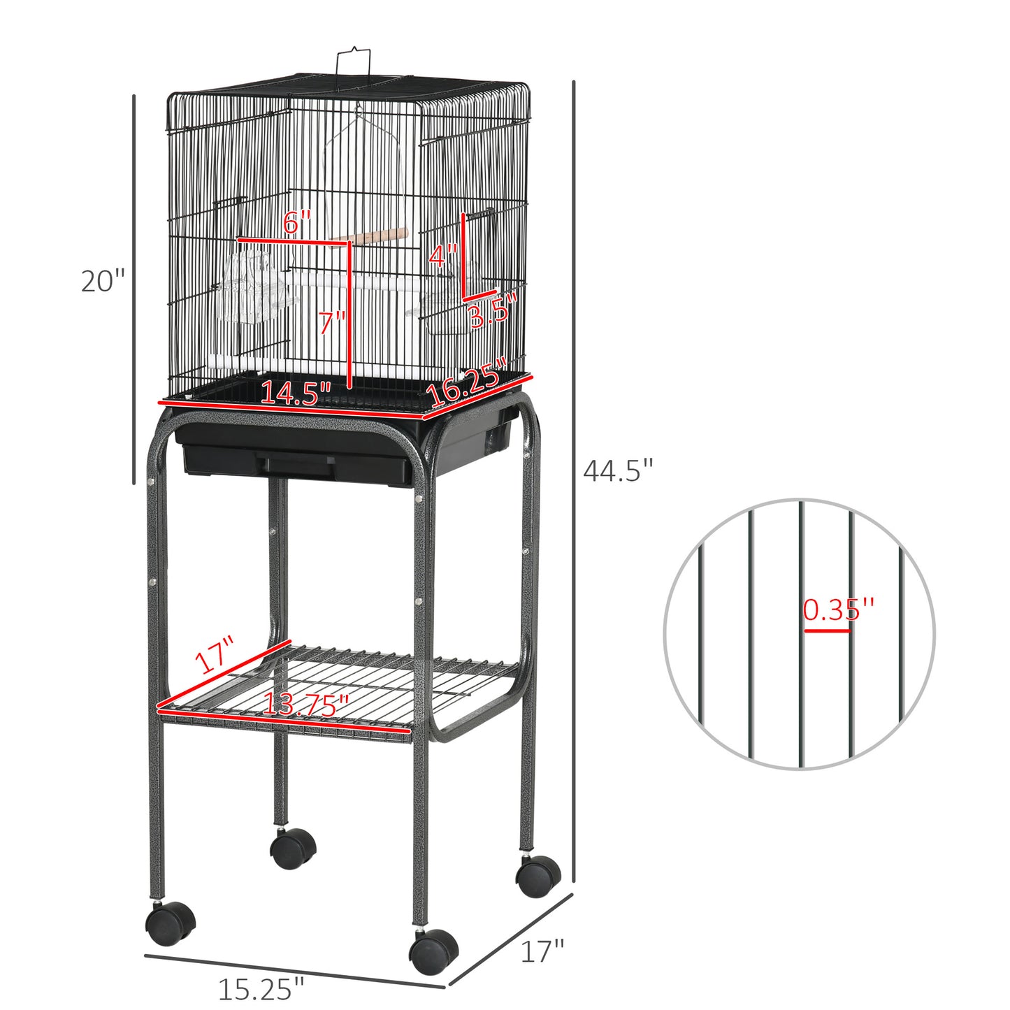 45-Inch Metal Bird Cage with Wheels & Storage Basket, Black Parrot Aviary