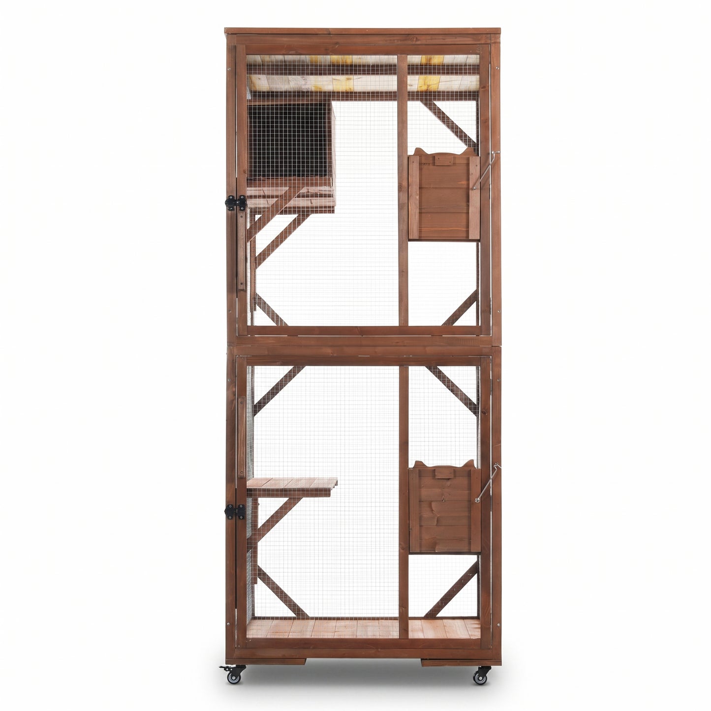 Outdoor Wooden Cat Enclosure with Lockable Wheels & Multi-Level Platforms, Weatherproof Fir Cat Cage