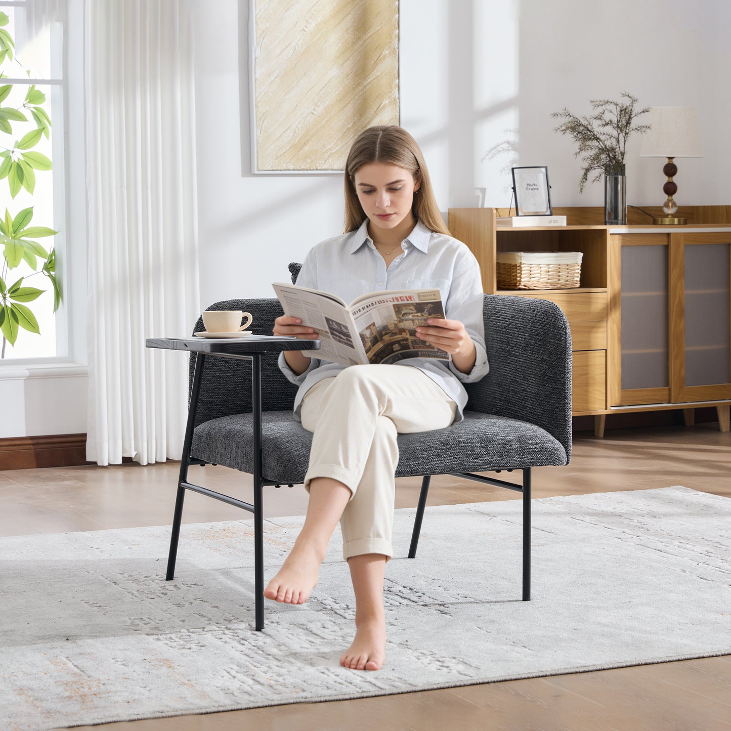 Modern Upholstered Leisure Chair with Side Table & Back Pillow - Dark Gray