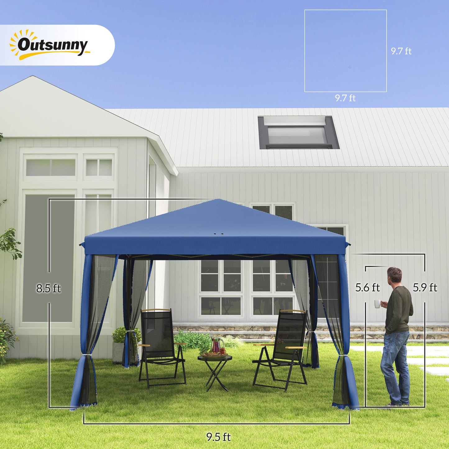 10x10 Pop Up Canopy Tent with Netting - Adjustable Height, Blue