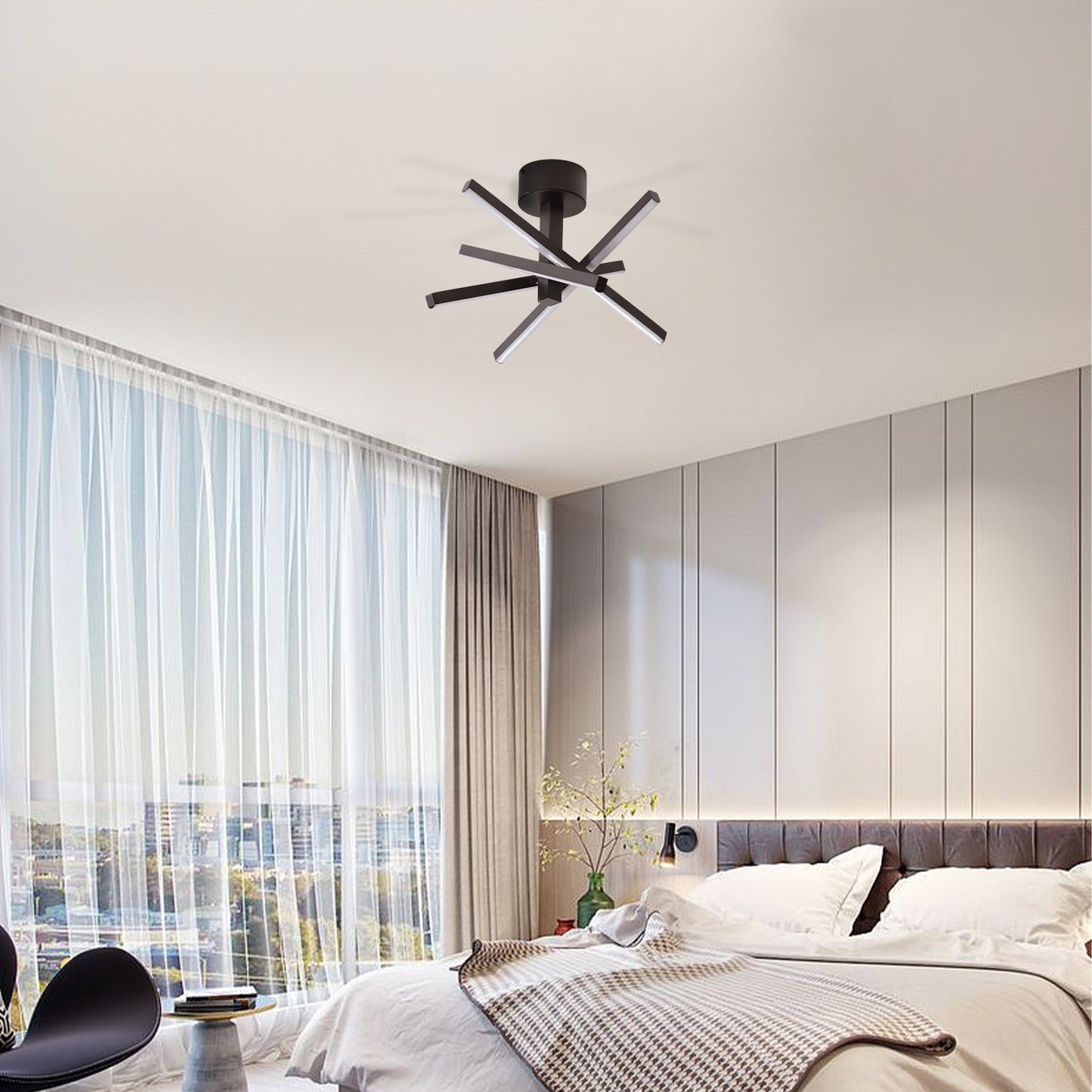 12 Inch LED Ceiling Light - Geometric Starburst Design, Black Finish