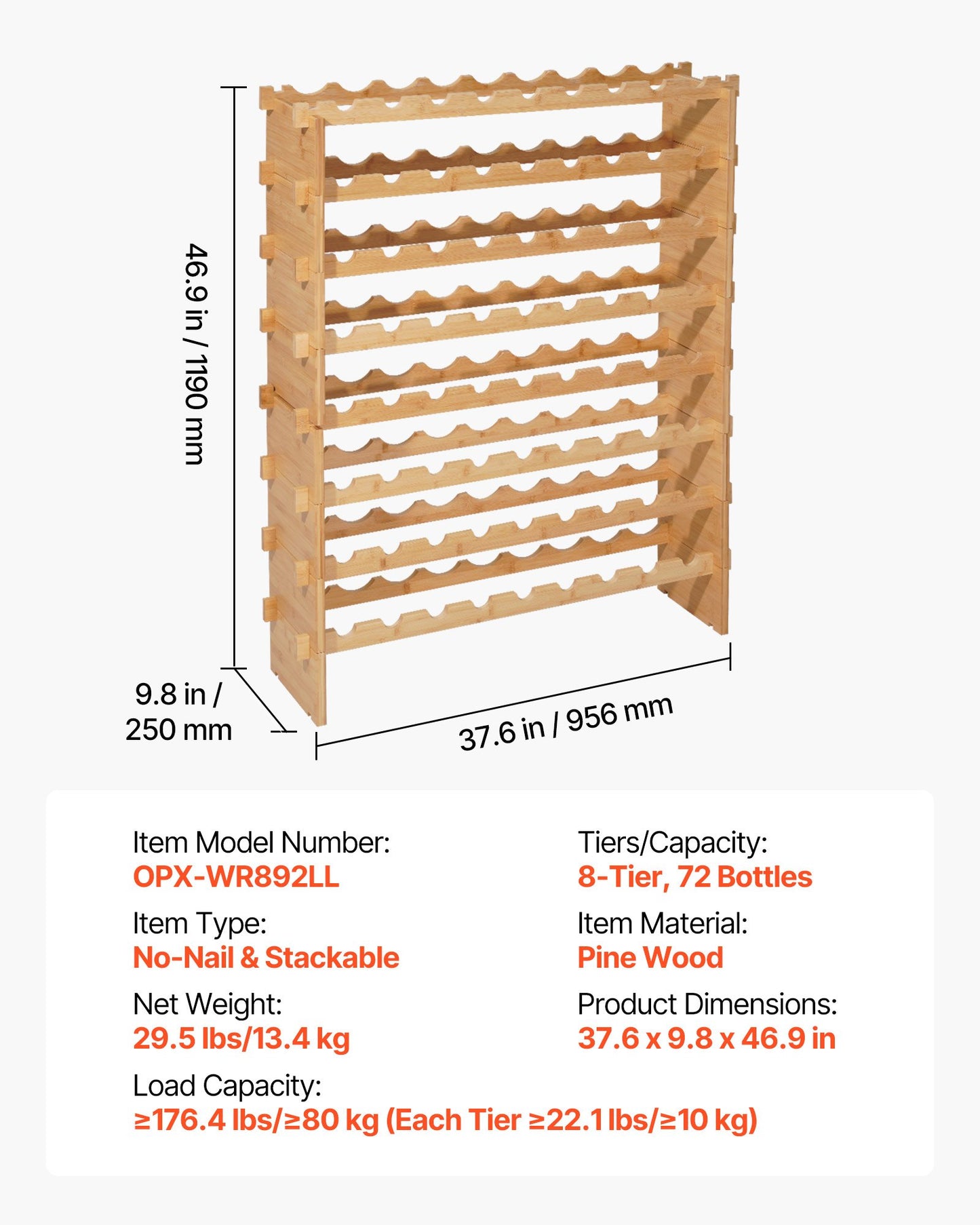 72 Bottle Stackable Modular Wine Rack - 8-Tier Floor Storage Shelf, Natural Wood Finish