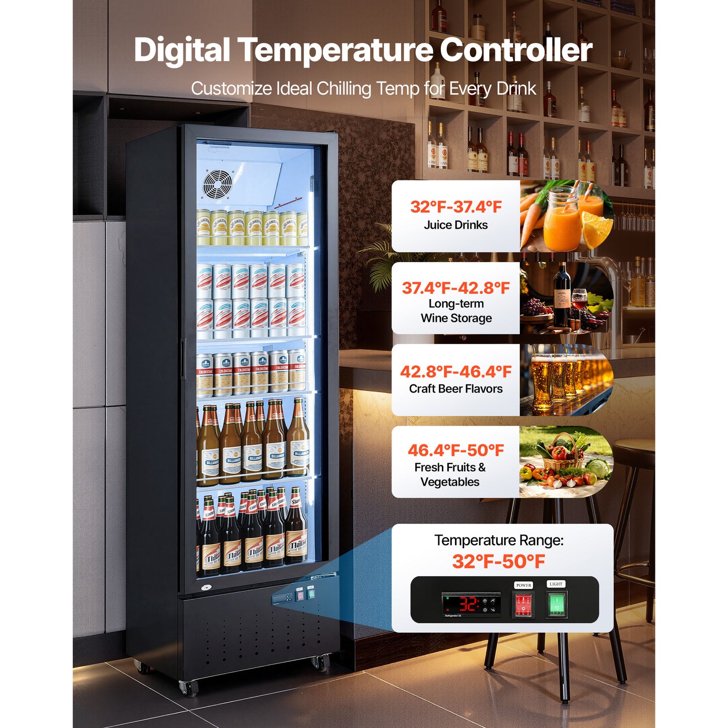 Commercial Glass Door Display Refrigerator 12.7 Cu.Ft Upright Beverage Cooler