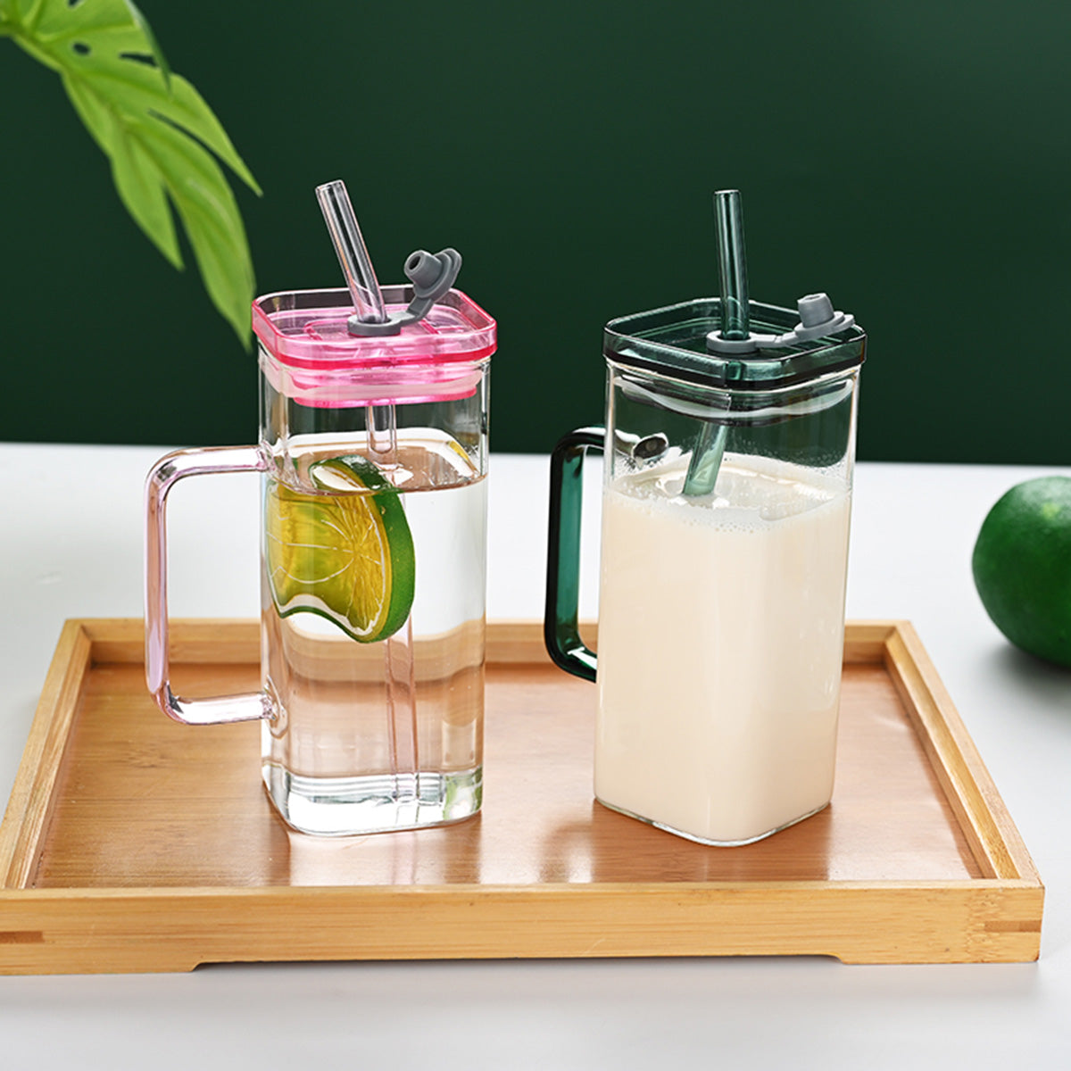 Transparent Square Glass Straw Cup - 6 Colors, High Borosilicate