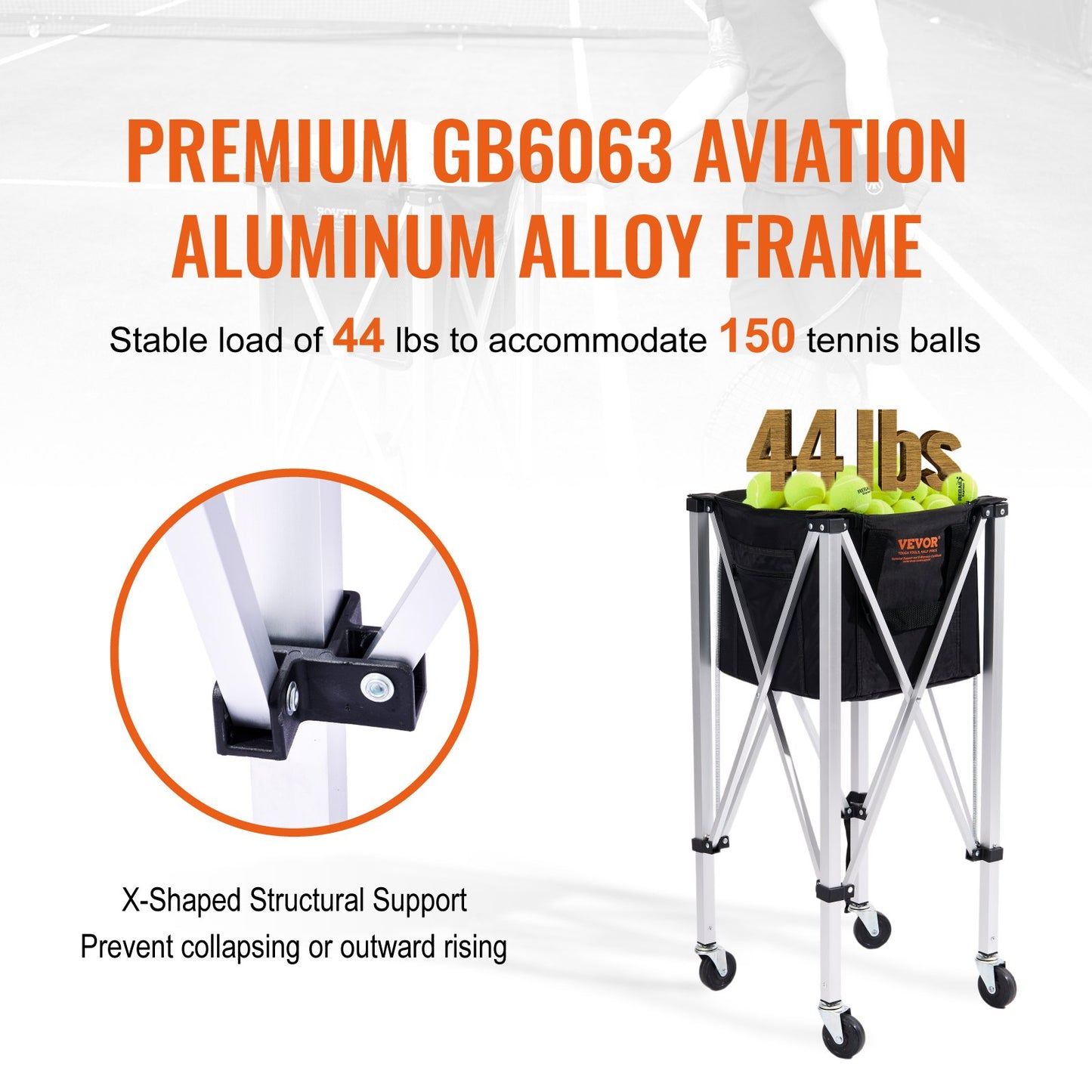 Foldable Tennis Ball Hopper Cart with 150 Capacity, Lightweight Aluminum, Wheels & Removable Bag