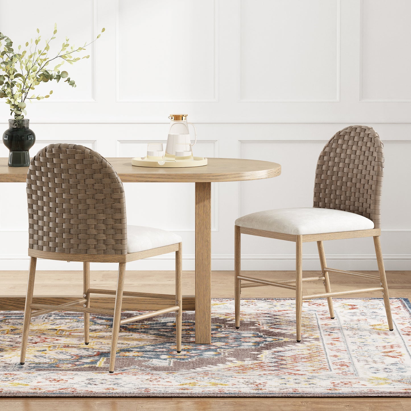 Upholstered Dining Chairs Set of 2 - Armless Iron Frame with Rattan Backrest
