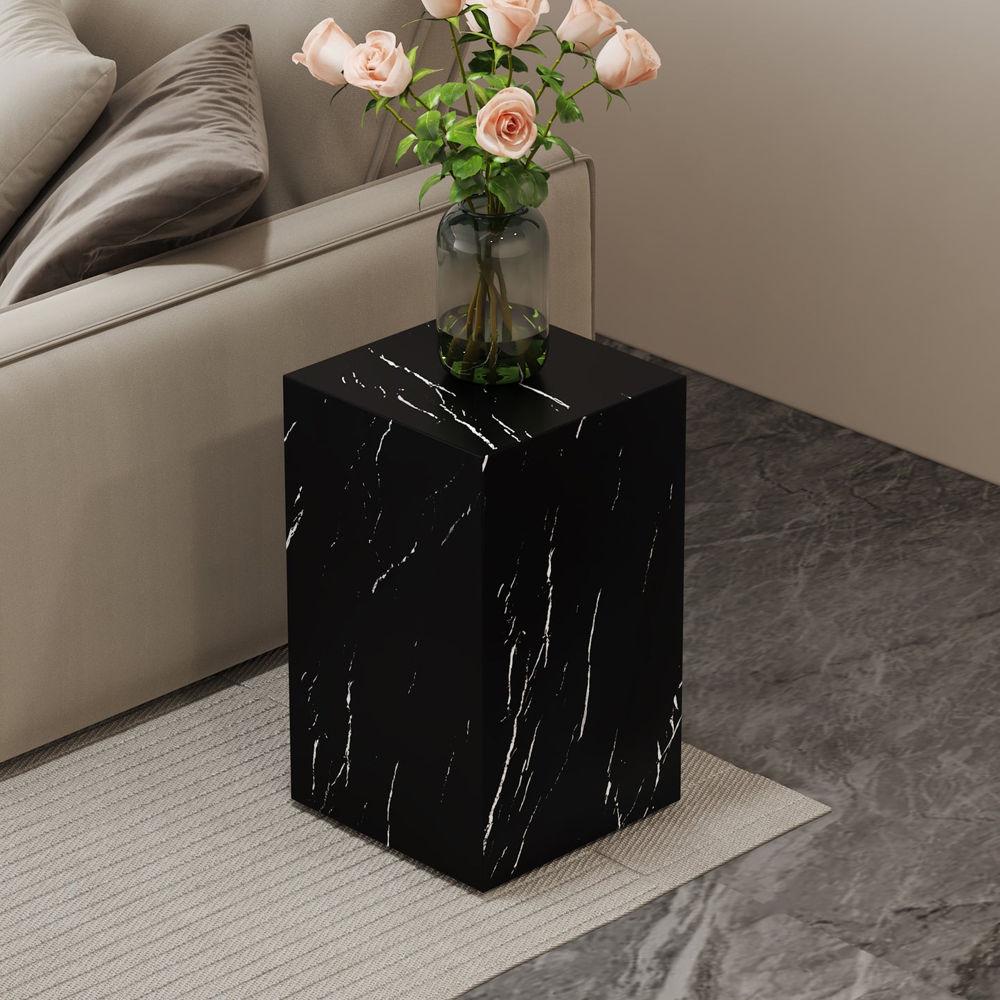 11.8x11.8x19.6 Inch Black Marble Texture MDF Coffee Table - Luxurious