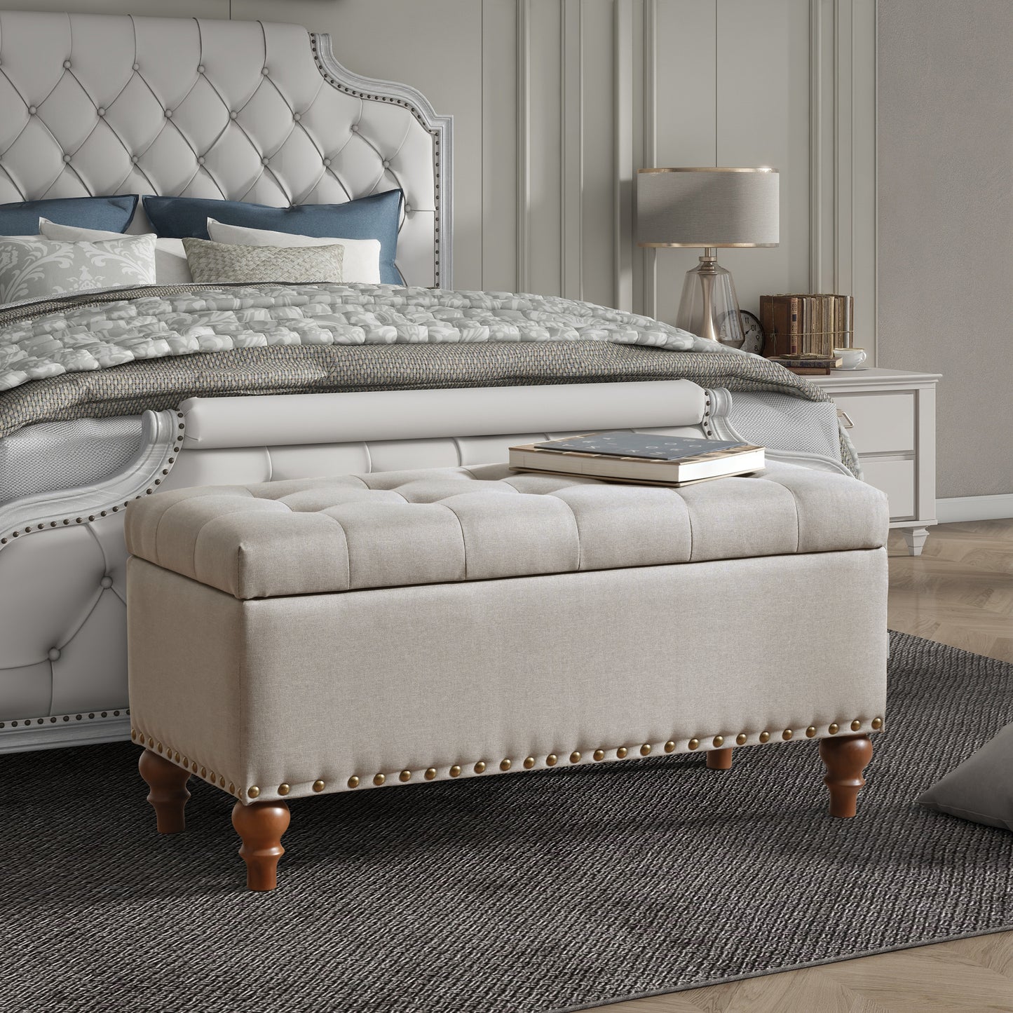 Ottoman Storage Bench, Recessed Support Hinge Top Easy To Open, Rivet