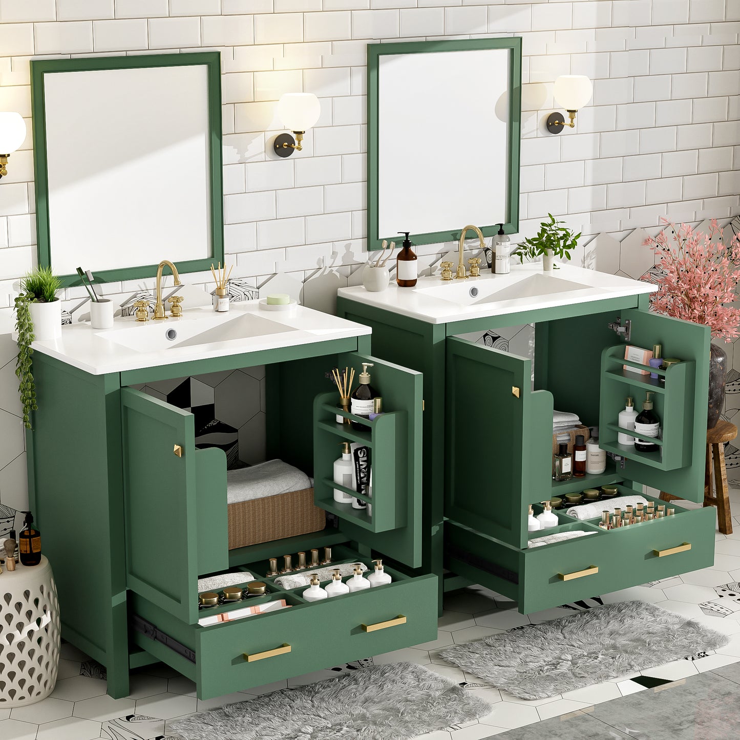 60" Green Bathroom Vanity Set with Double Ceramic Sinks
