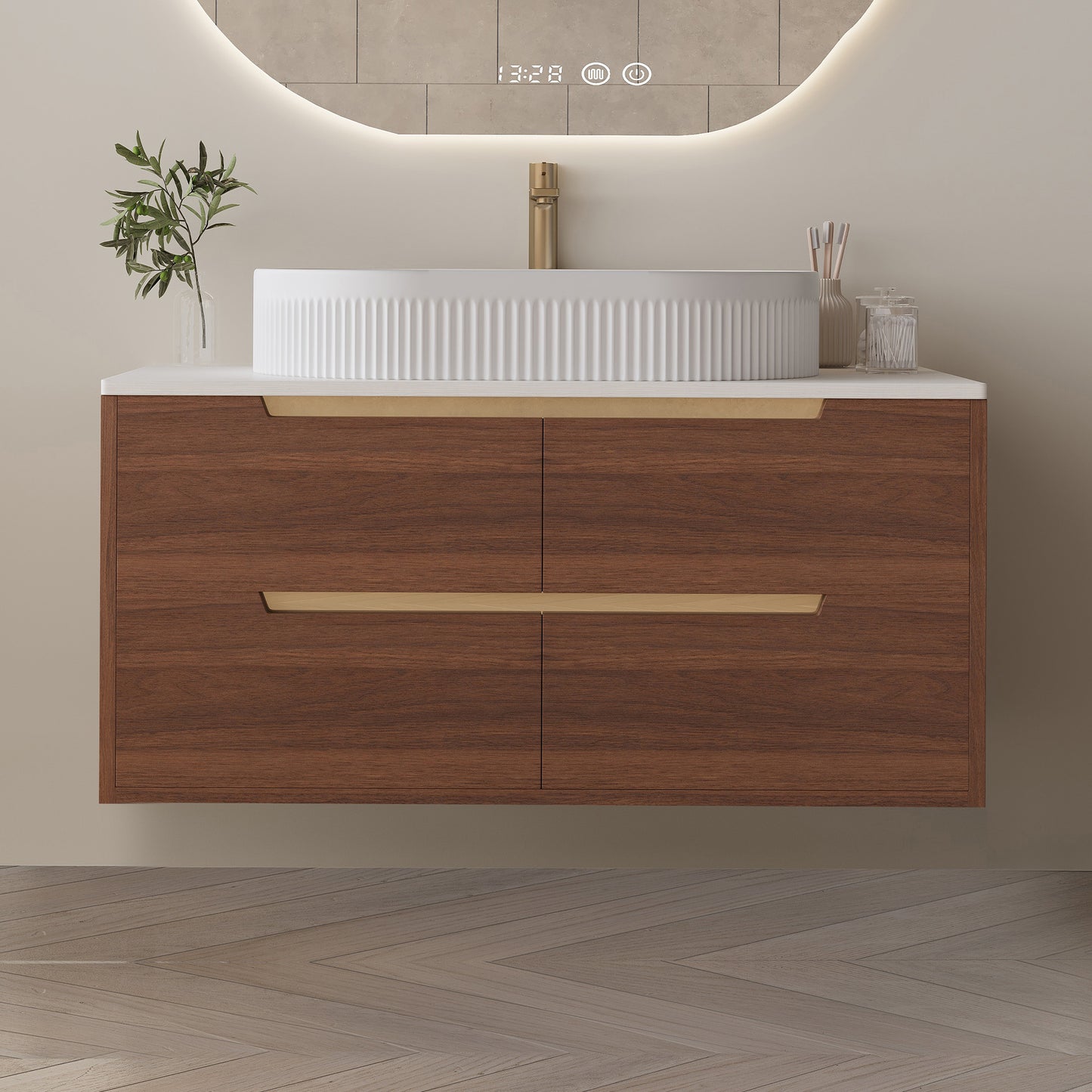 36 Inch Bathroom Vanity with Ceramic Sink & Soft-Close Drawers - Walnut/White