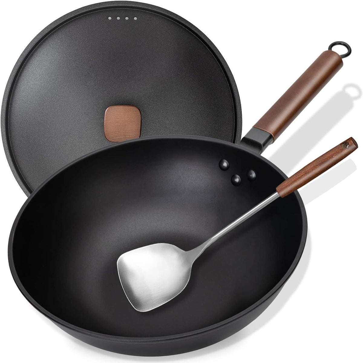 Traditional Uncoated Iron Cooking Pot with Lid and Spatula - 30cm & 32cm Variants