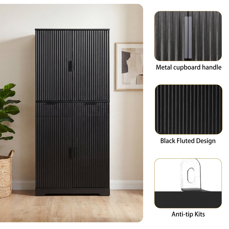 72-Inch Black Pantry Cabinet with 3 Drawers & 6 Shelves