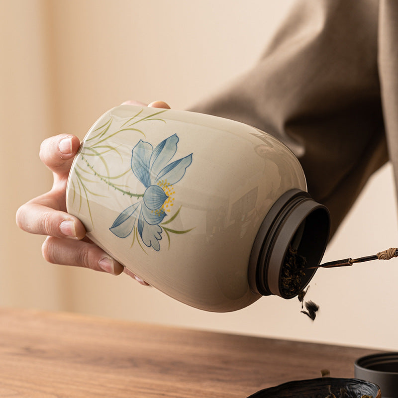 Ceramic Blue Lotus Tea Jar Sealed Storage Container - Hand Drawn Design