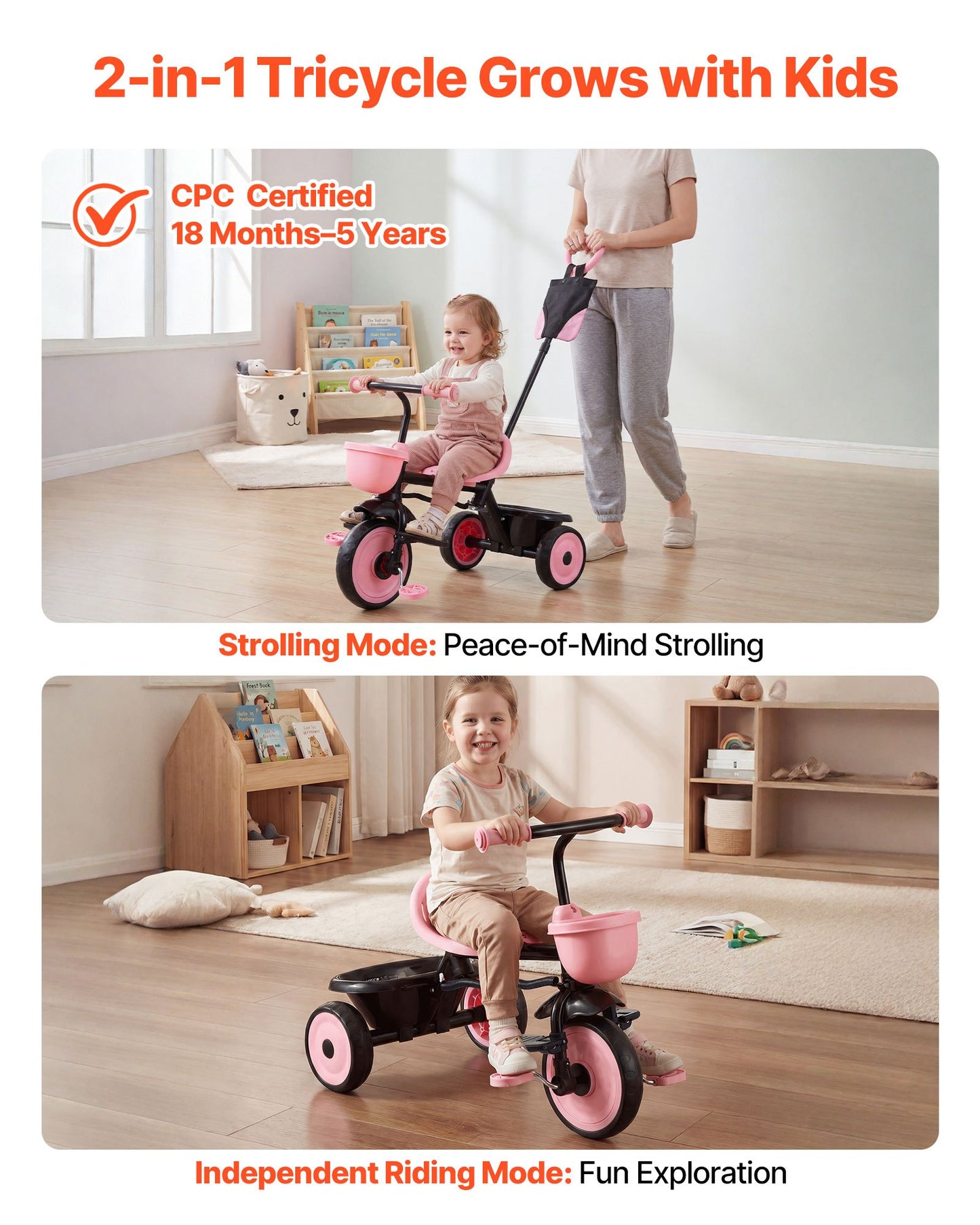 Kids Tricycle with Parent Push Handle & Storage - Toddler Ride-On Toy, 18 Months to 5 Years