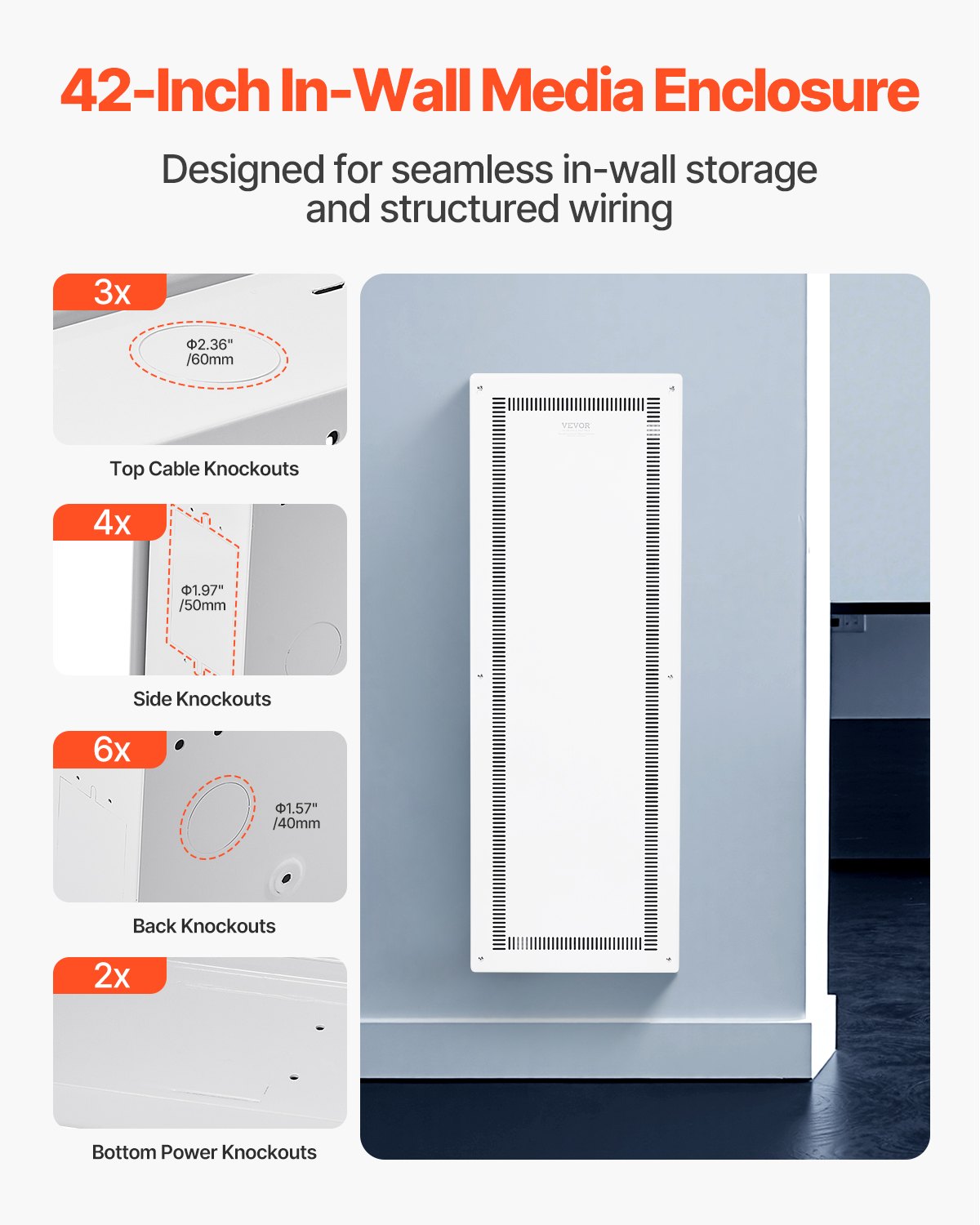 42-Inch Recessed In-Wall TV Media Enclosure with Cover - White