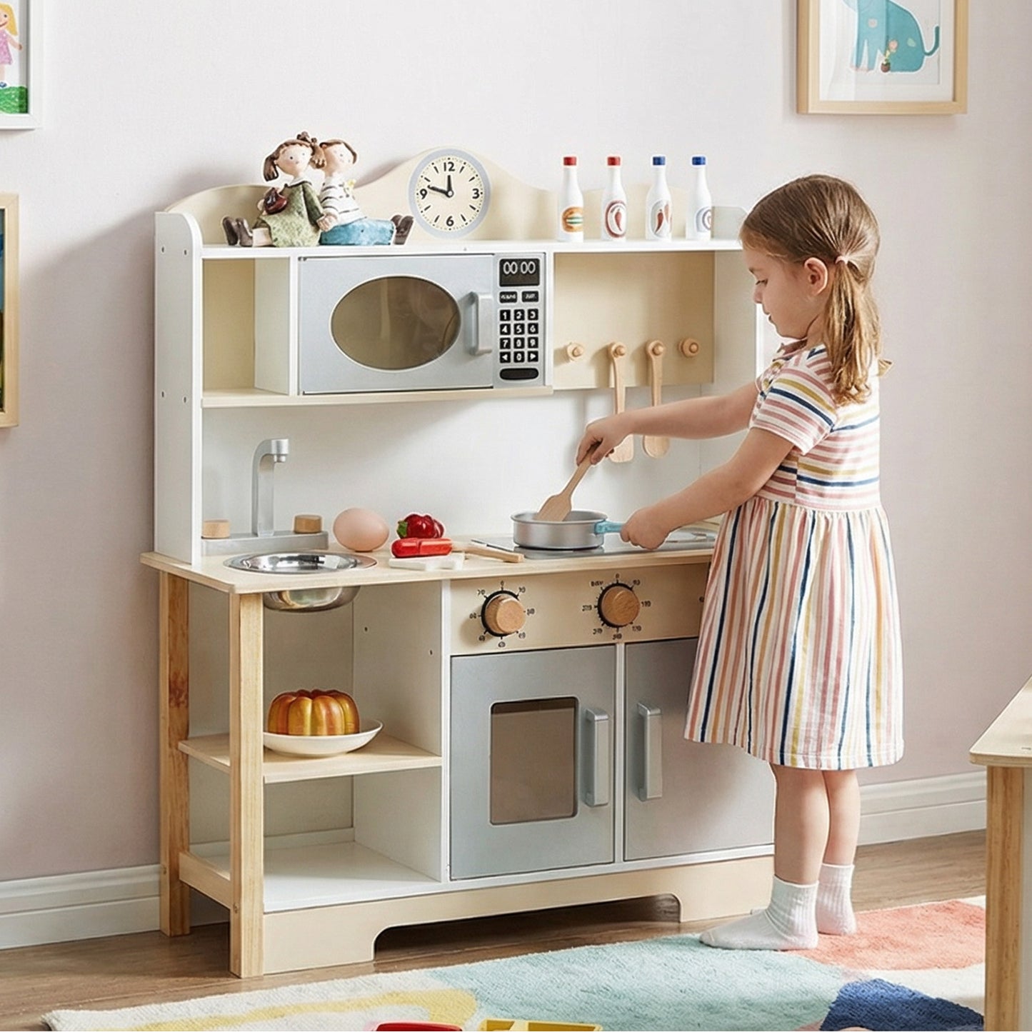 Wooden Play Kitchen Set Realistic Toddler Playset With Oven