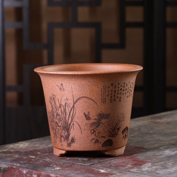 Tall Slanted-Mouth Zisha Flower Pot with Classical Design for Home & Garden
