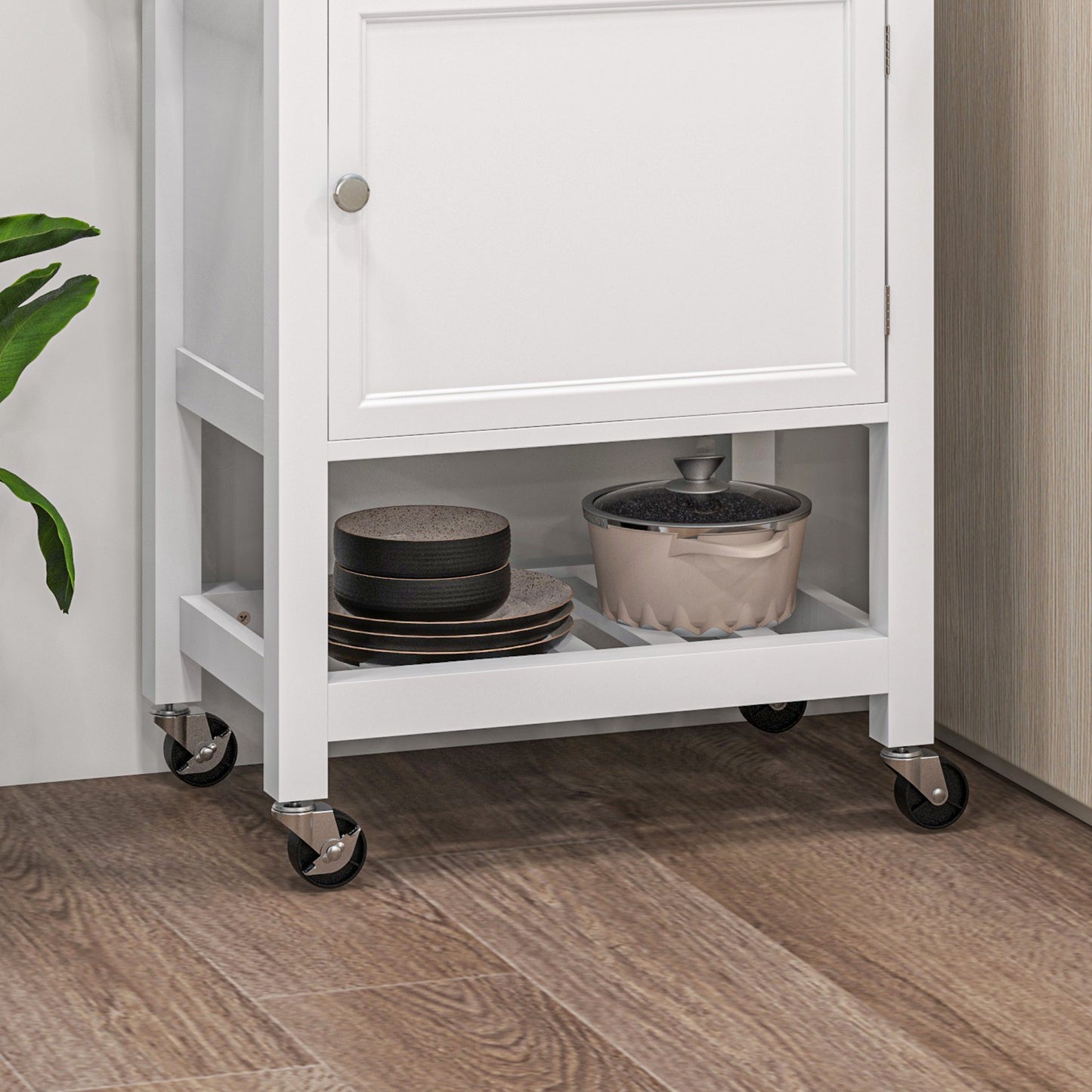 Rolling Kitchen Cart with Rubberwood Top, Drawer, and Wine Rack - White