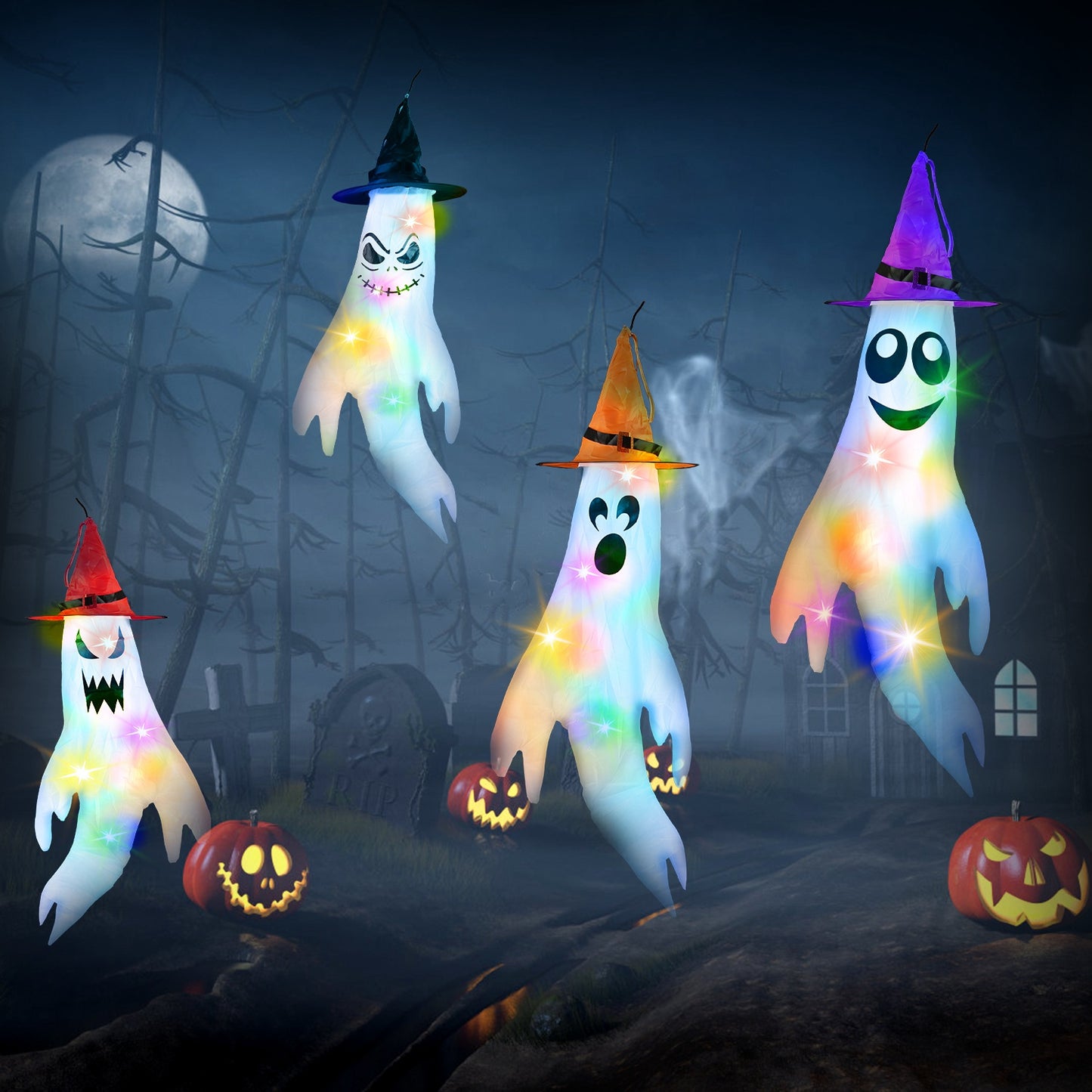 Halloween Ghost Windsocks Decoration Set with Colorful LED Lights - 4 Pcs