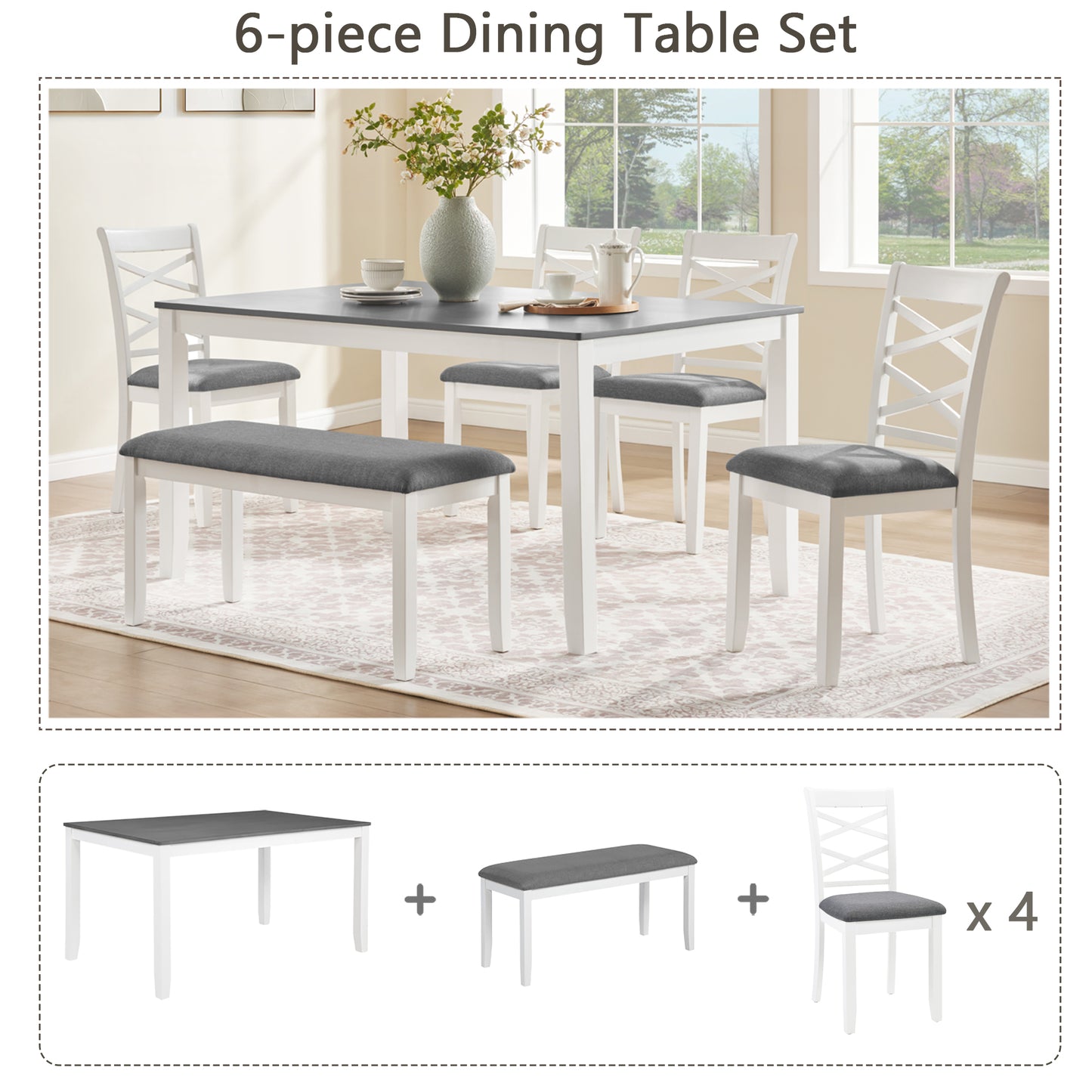 6-Piece Modern Dining Table Set with Bench - Grey & White