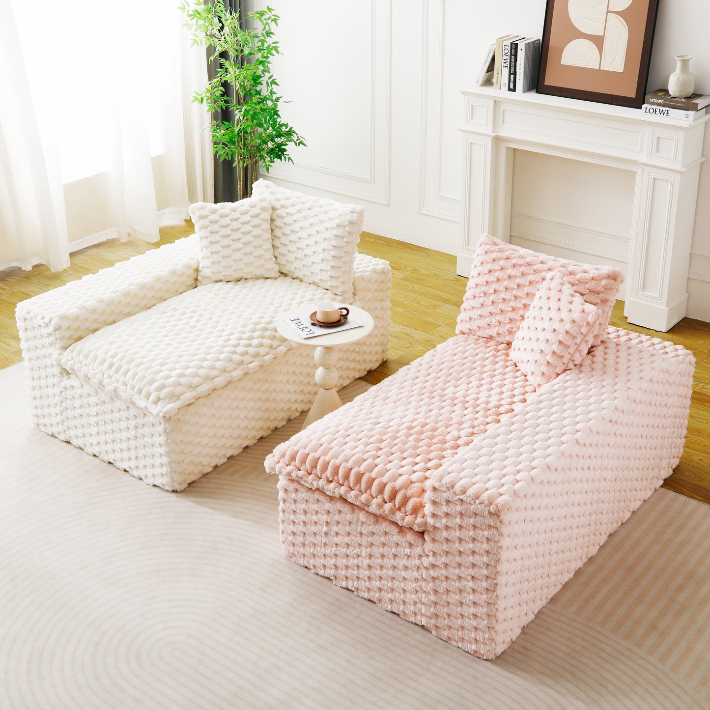Luxury Color-Block Velvet Multifunctional Sofa - Pink & White
