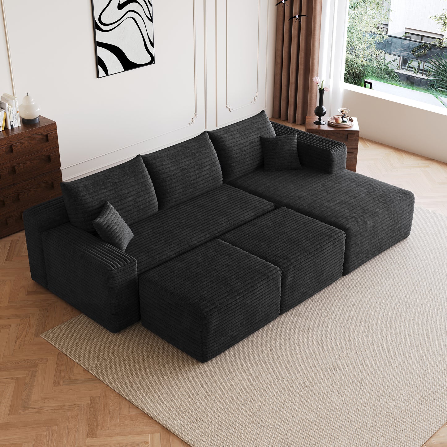 95" Cloud Sectional Sofa with 2 Ottomans - Black Corduroy
