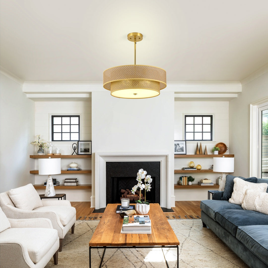 Woven Rattan & Linen Ceiling Light Fixture - Semi Flush Mount for Bedrooms & Kitchen