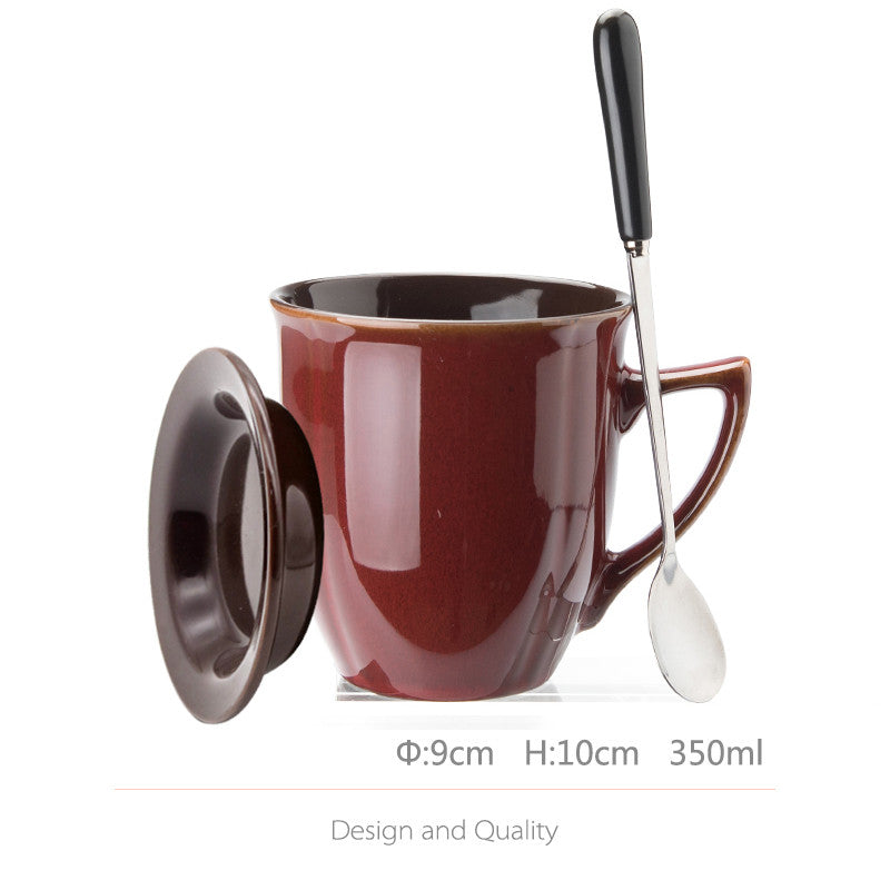 Large Capacity Ceramic Cup with Lid and Spoon - Retro Kitchen Accessory