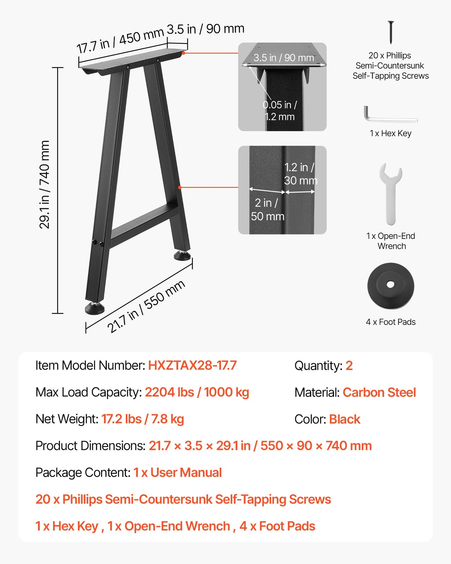 Heavy Duty Steel Table Legs 29.1 Inch Height for Home Office & Dining Tables - Black, Set of 2
