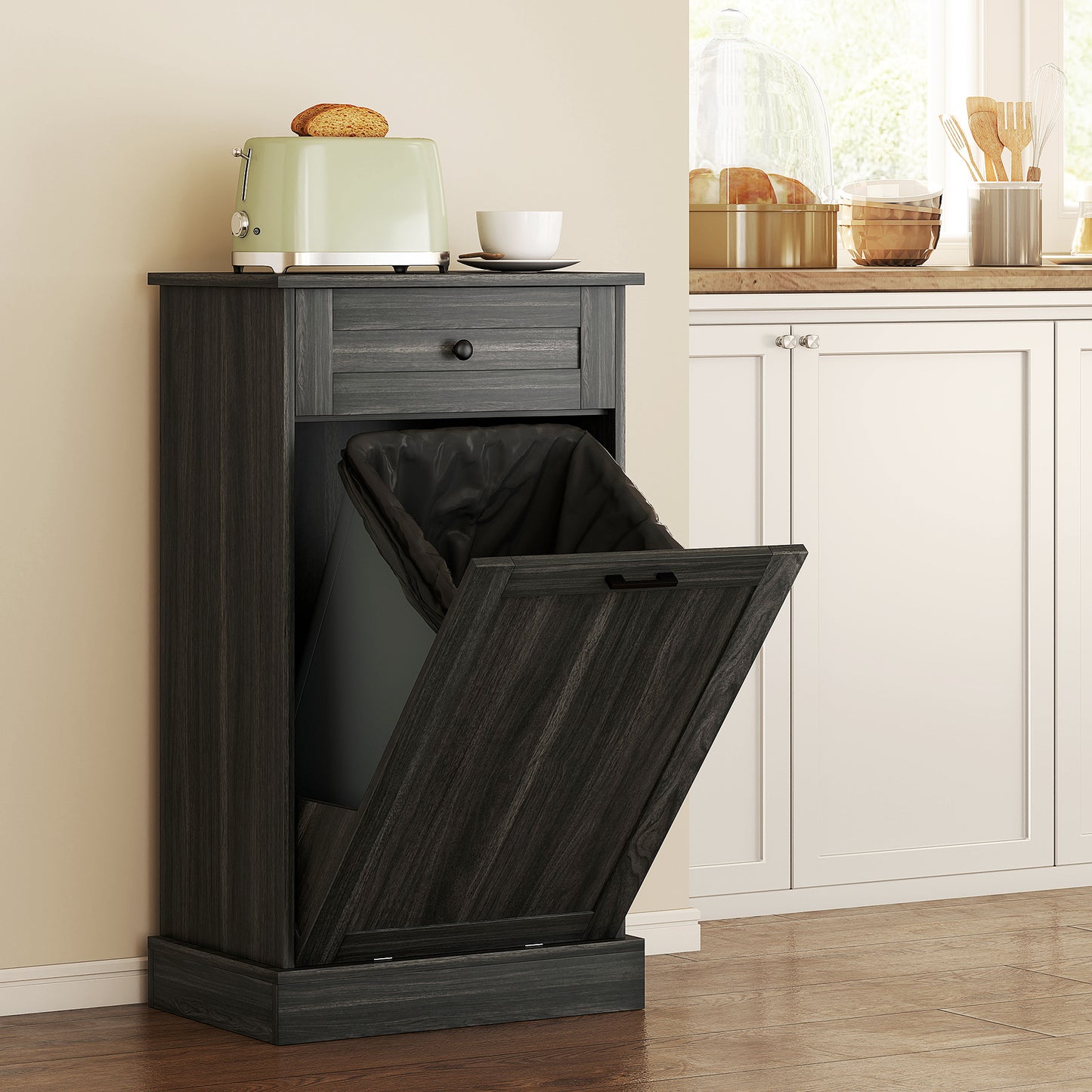 Tilt-Out Trash Bin Cabinet with Drawer - Charcoal Gray Storage