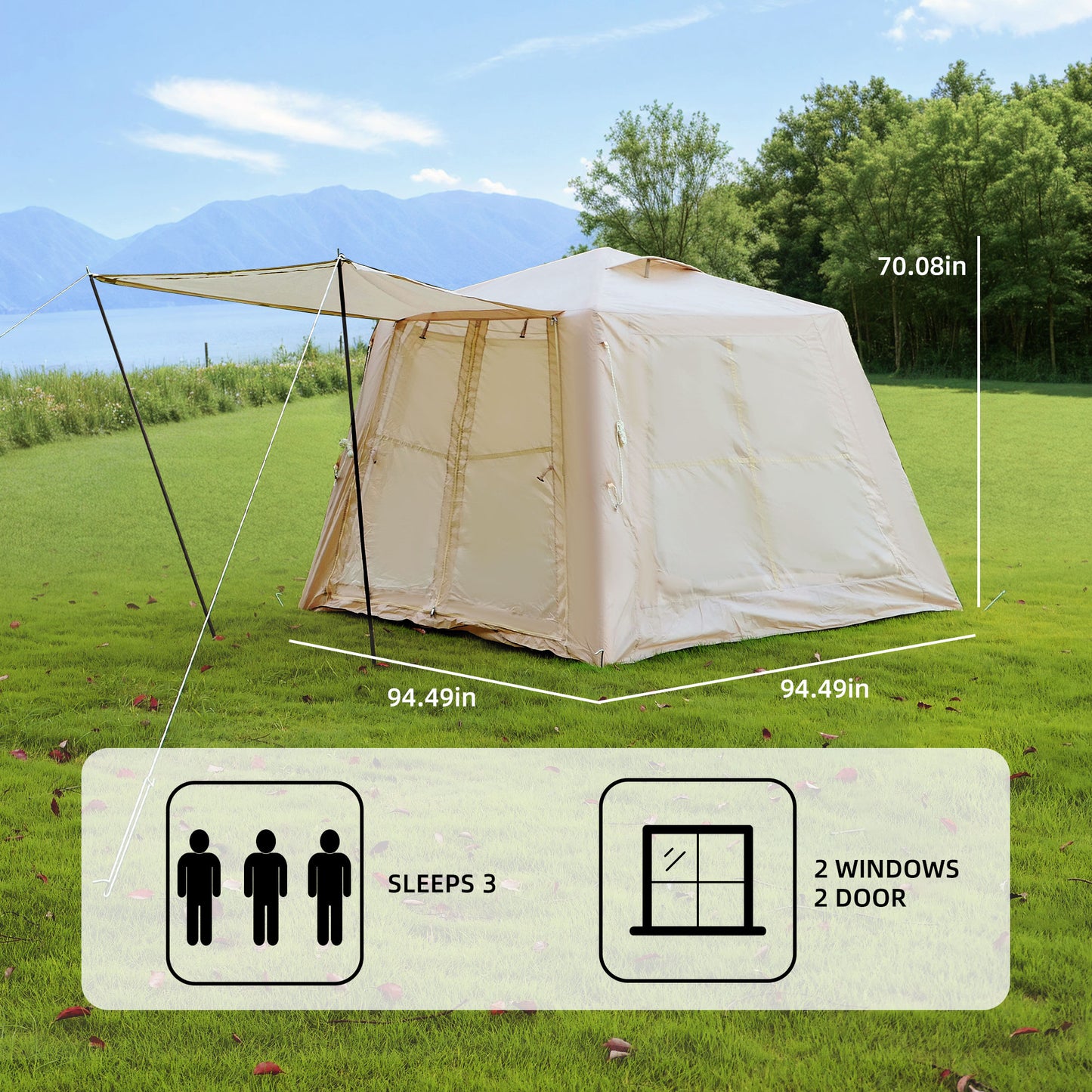 Inflatable Camping Tent for 2-3 People - Waterproof Beige Glamping