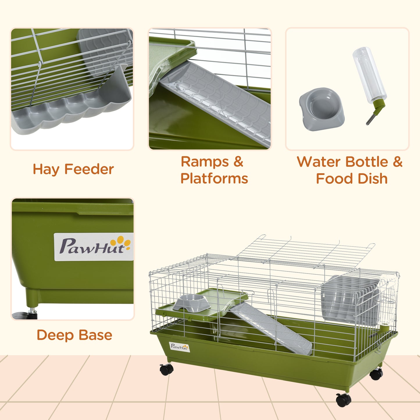 Small Animal Cage with Food Dish Water Bottle & Ramp, Green, 35"L