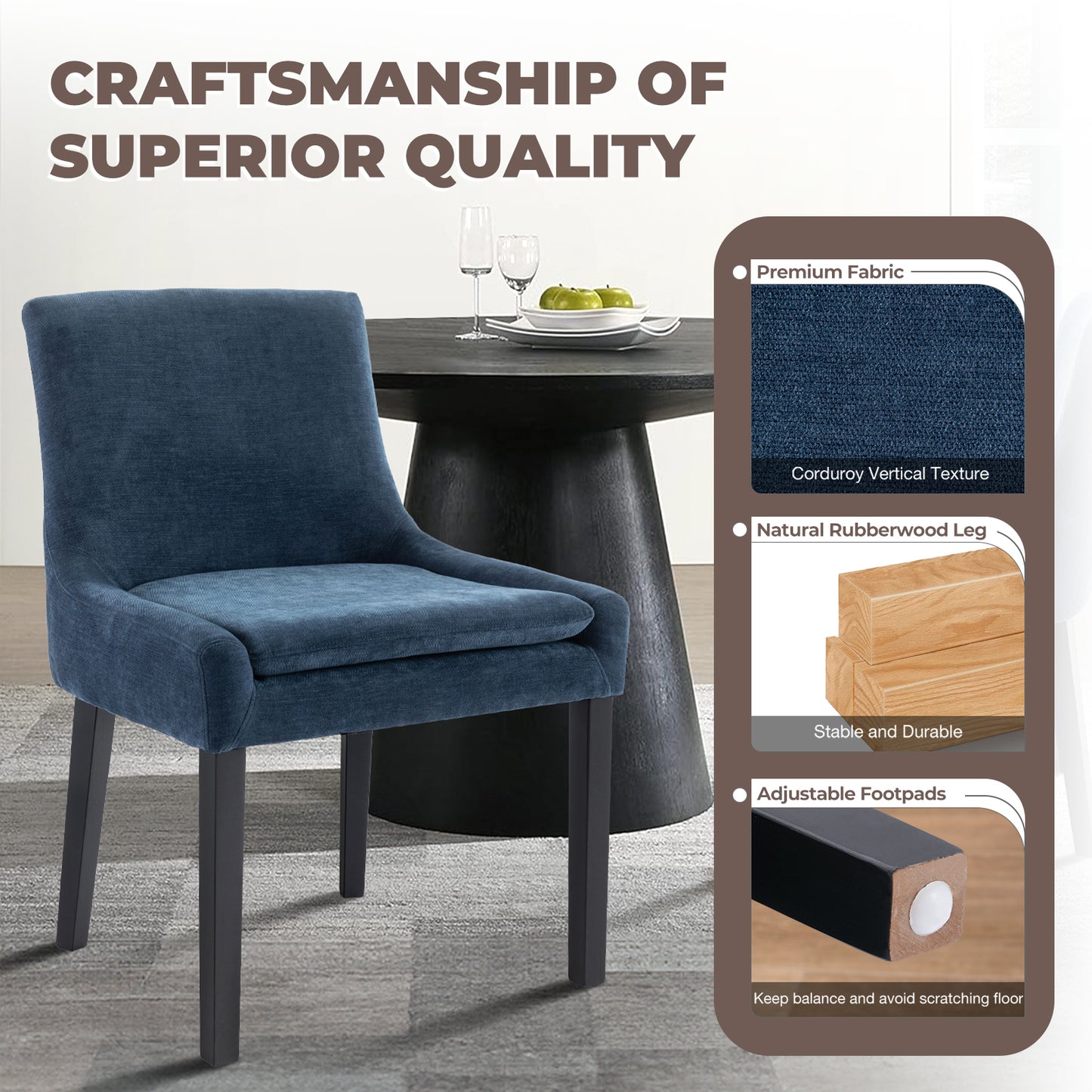 Upholstered Dining Chairs Set of 2 - Mid Back, Wood Legs