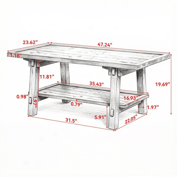 Solid Wood End Table with 2-Tier Design - 47"