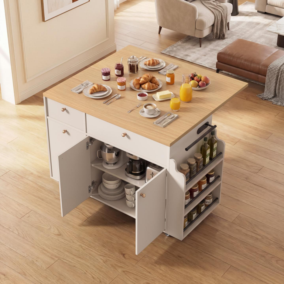 Rolling Kitchen Island Cart with Storage & Drop Leaf Extension - White