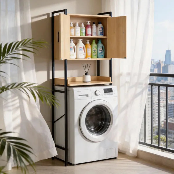 Over-the-Toilet Storage Cabinet - Wood Grain MDF with Doors & Shelf