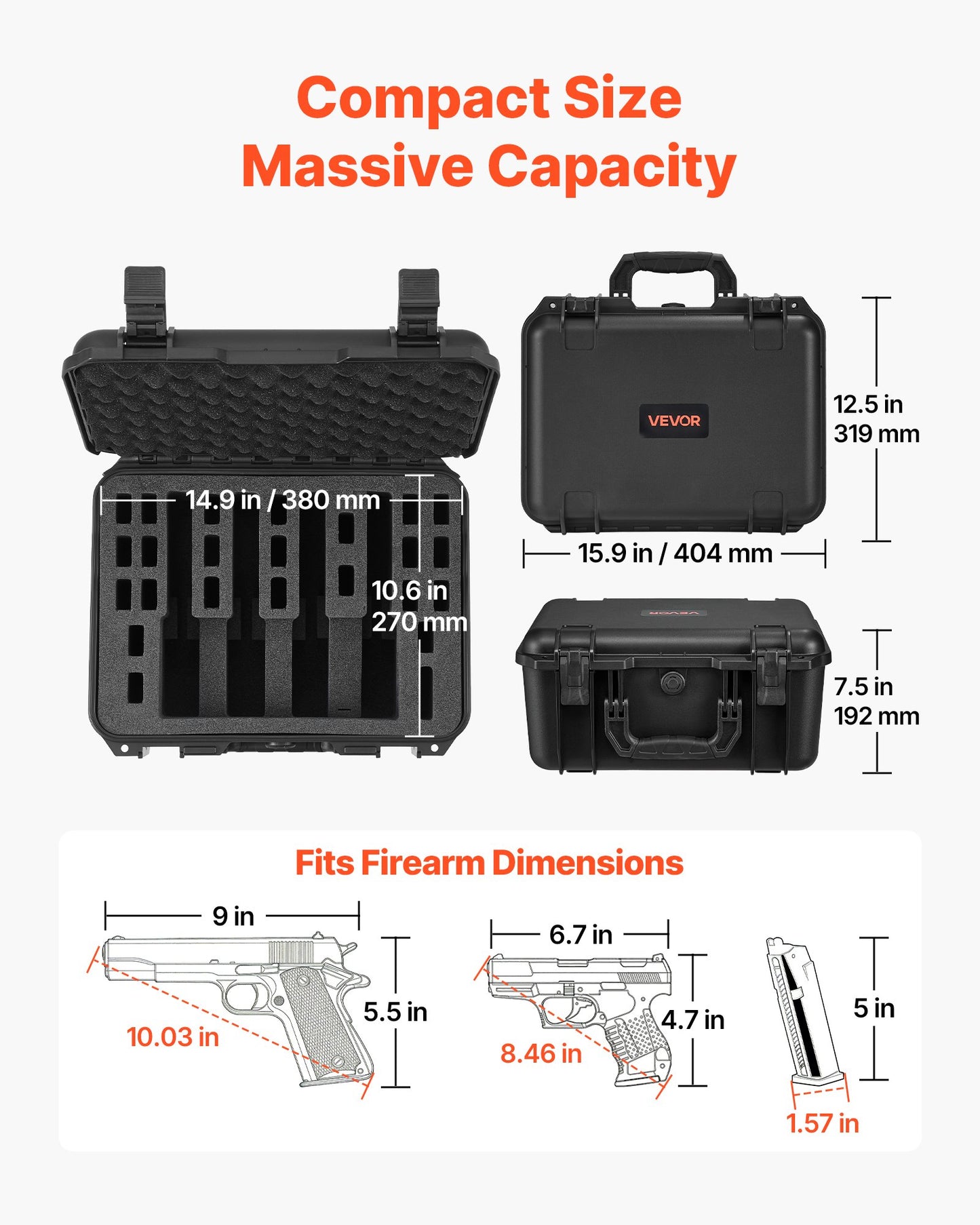 Heavy Duty Waterproof Gun Case with Foam Interior - TSA Compliant, Black