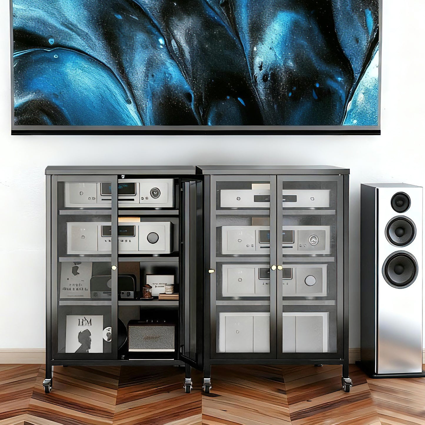 35.8" High Media Storage Cabinet with Wheels - Black