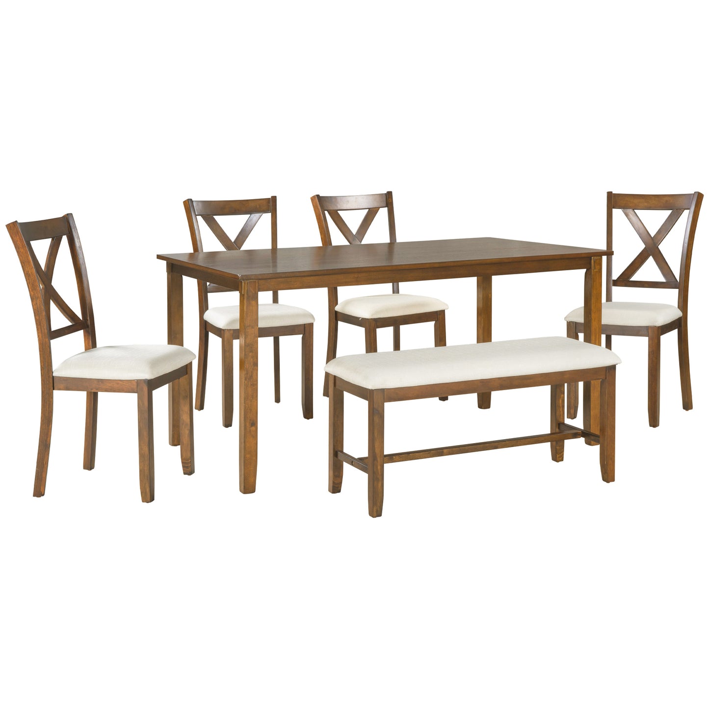 6-Piece Wooden Dining Table Set with Chairs and Bench - Natural Cherry
