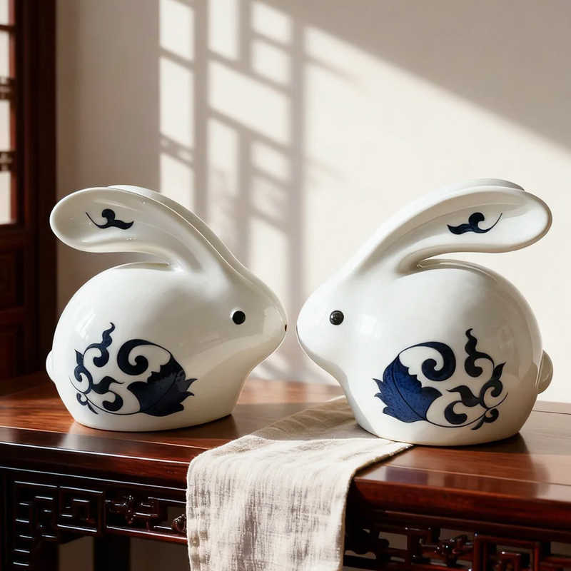 Blue-and-White Ceramic Rabbit Ornament Pair - Chinese Porcelain Decor