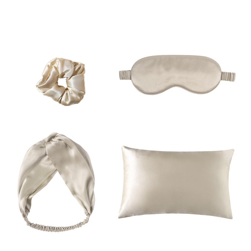 Satin Eye Mask and Pillowcase Set with Hair Accessories - Champagne