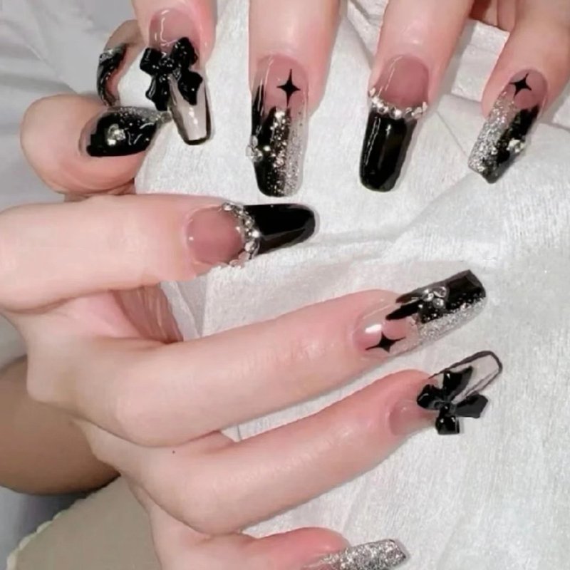 Black False Nail Set with Glue & Tools